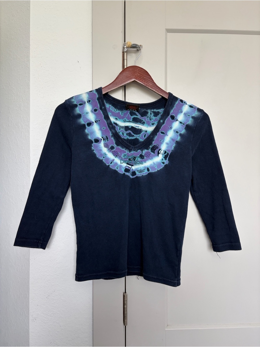 HARLEY DAVIDSON TIE DYE LONG SLEEVE USA MEMPHIS TSHIRT BLUE WOMENS SMALL
